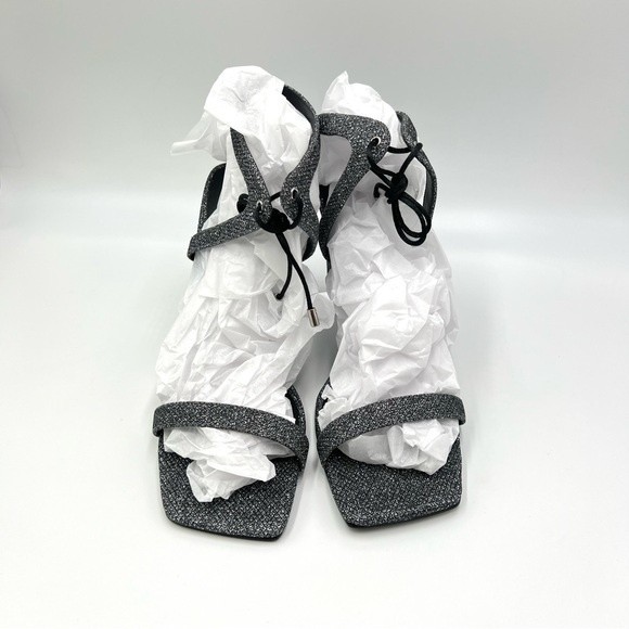 Nine West Size 6.5 Black Silver Sparkly Square Toe Dress Sandals Heels Shoes - Picture 3 of 11